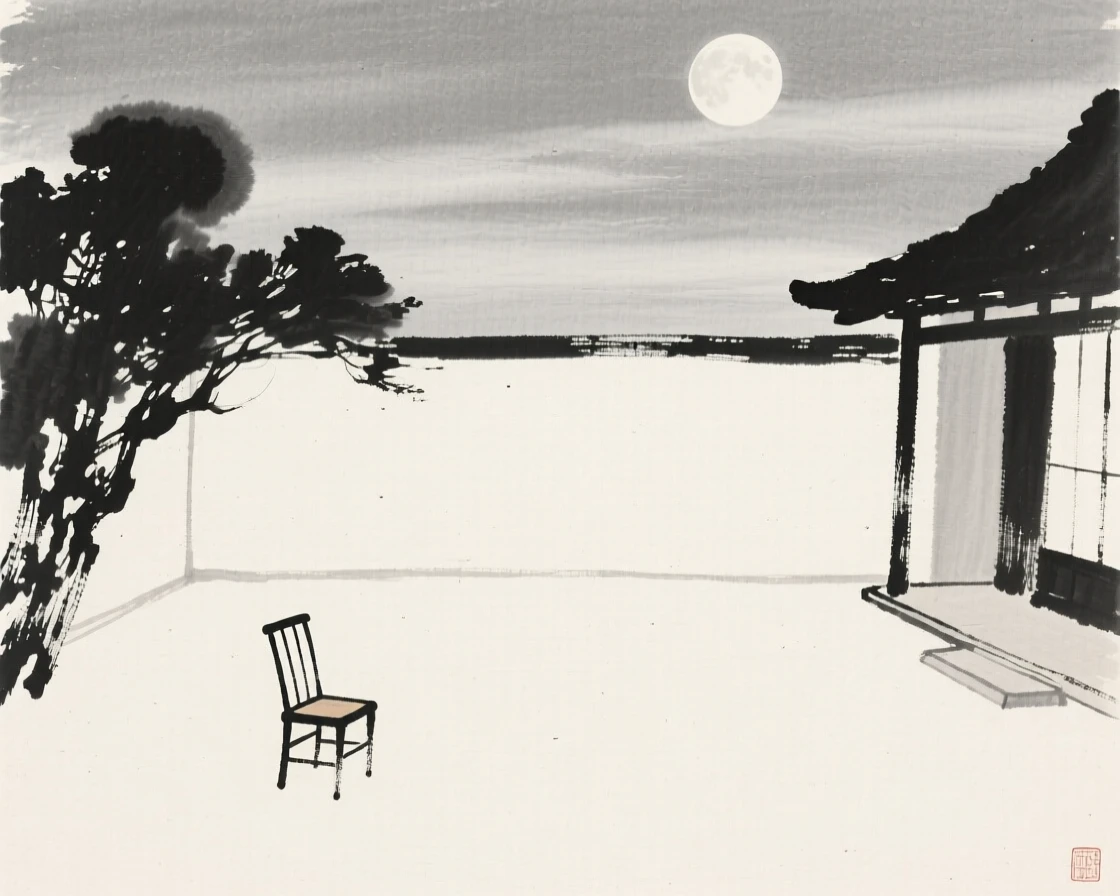 A quiet moonlit courtyard with a single chair beneath a soft, overcast sky, composed with vast open space to emphasize solitude, conveying a poetic sense of calm and reflection.