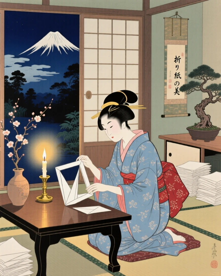 An origami artist assembling a paper frame by candlelight.