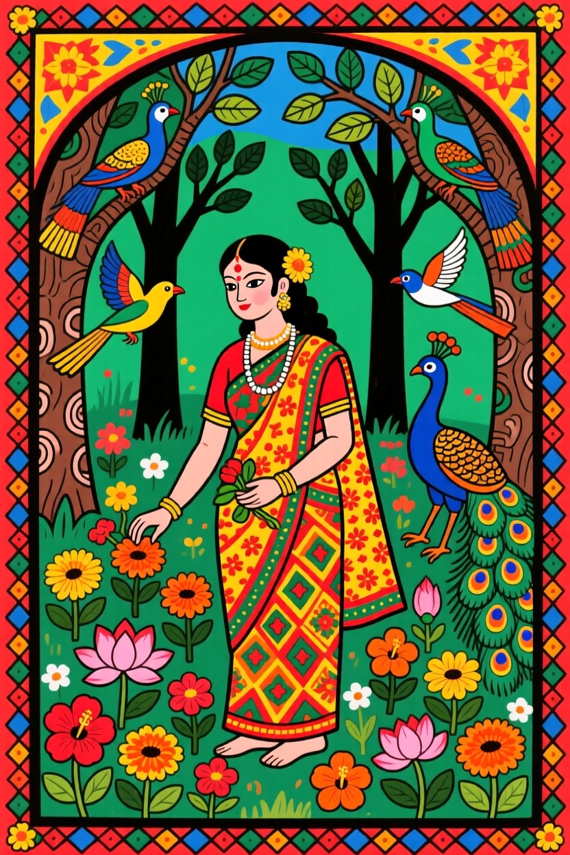 Sita picking flowers in a forest grove as birds sing nearby.