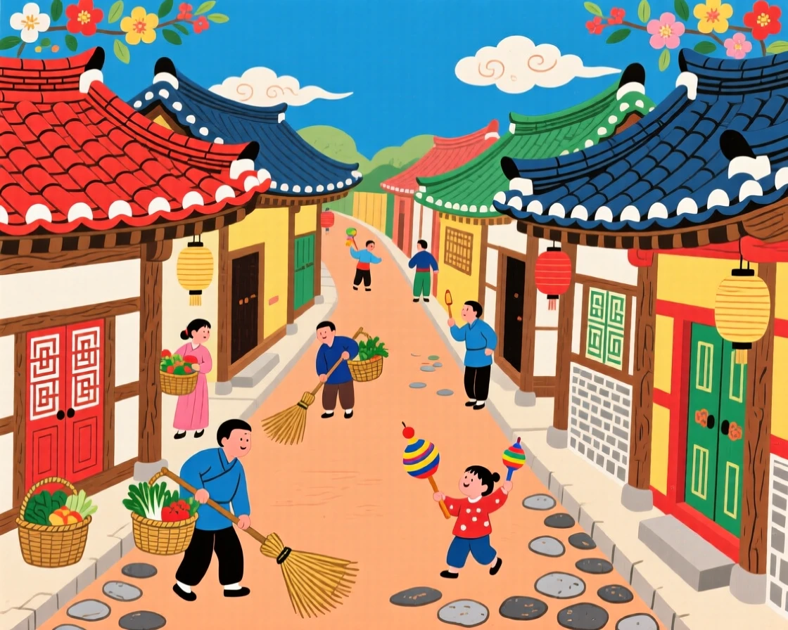 A row of traditional tiled-roof houses along a narrow street as villagers go about their morning routines.