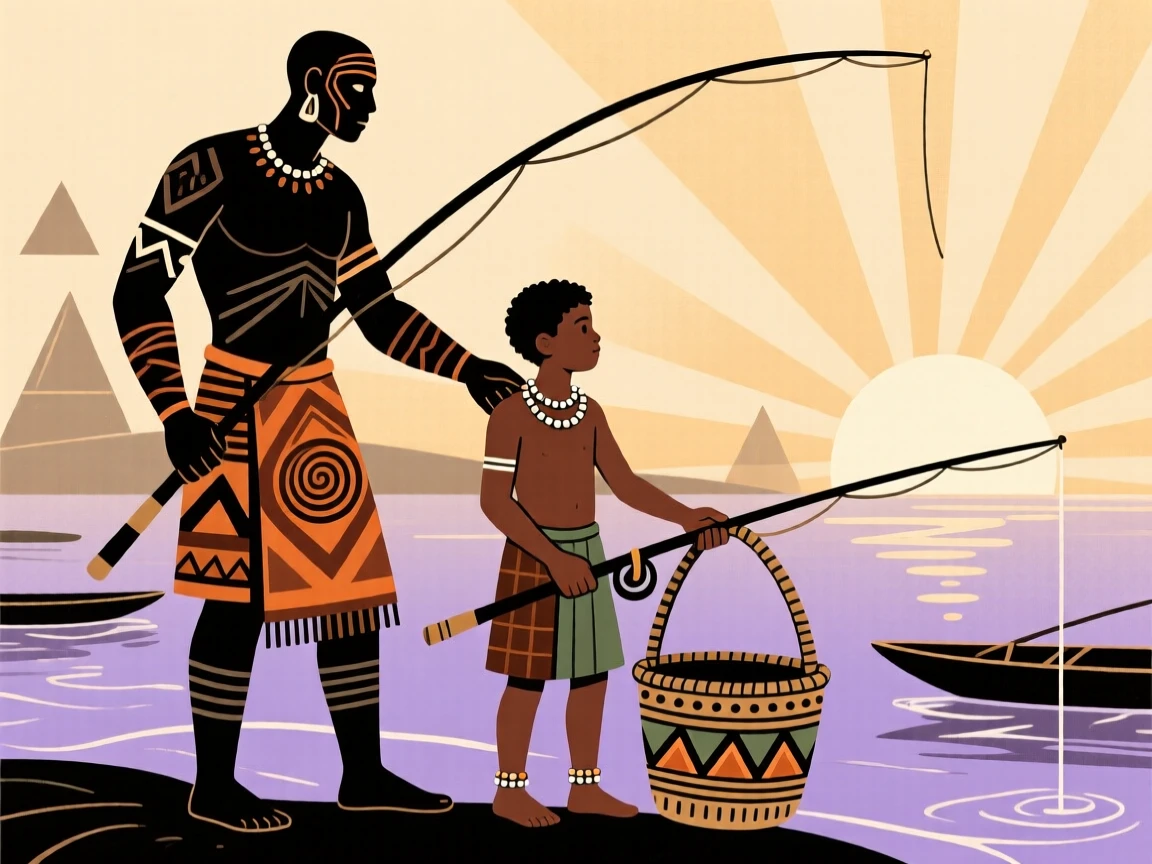 A father and son fishing together at dawn.