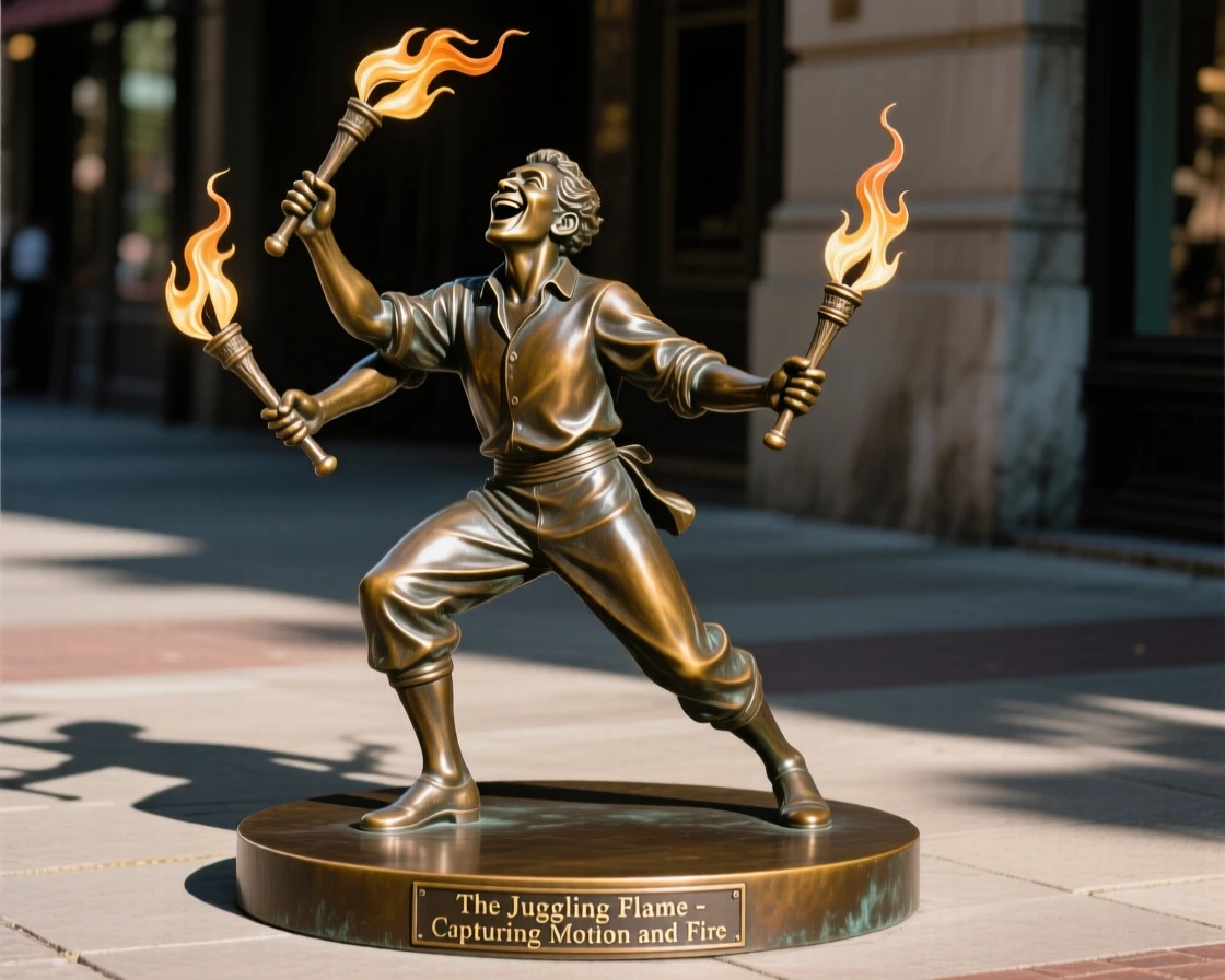 A street performer juggling flaming torches, framed by soft, dramatic shadows, forming a strong central focal point