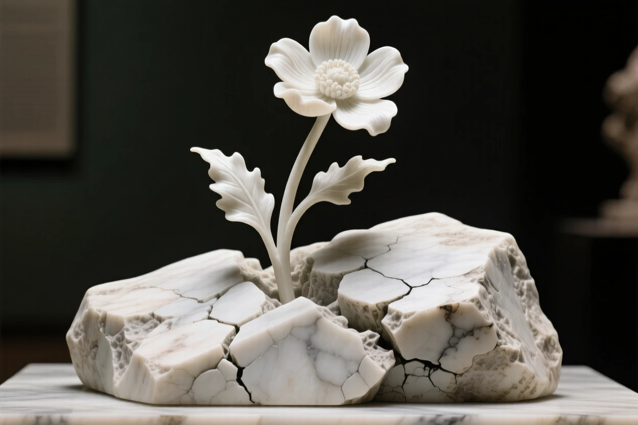 A sweeping, cinematic composition of a single wildflower growing through cracked stone, capturing the raw beauty of the natural world
