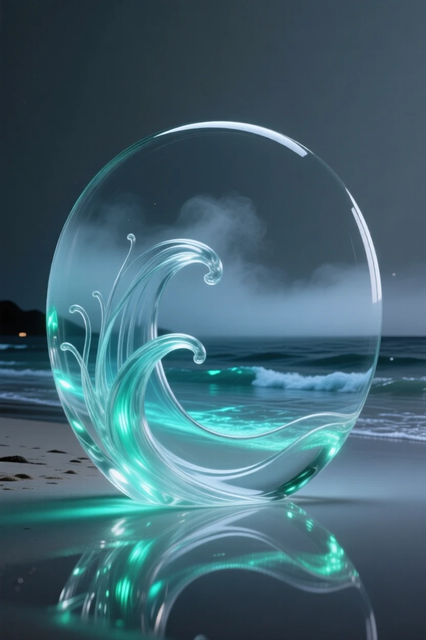 A bioluminescent beach at night at the quiet hush of early morning, gentle mist rising, composition inviting stillness and reflection.