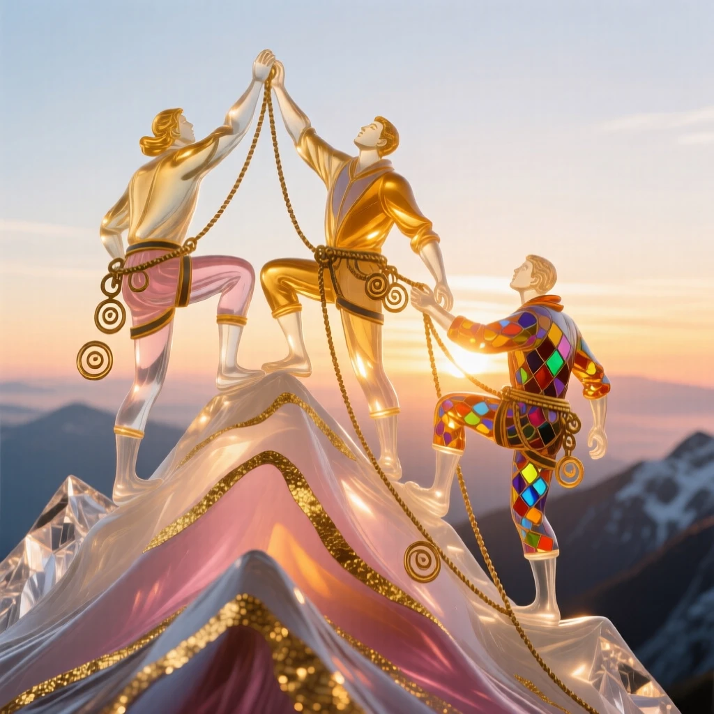 A group of climbers reaching a mountain summit together at sunrise, triumphant and unified.