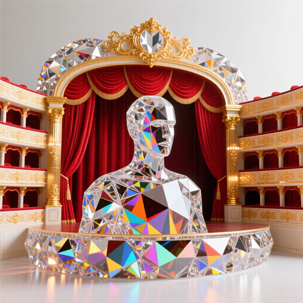The interior of an ornate opera house with a red velvet stage curtain and gilded balconies.