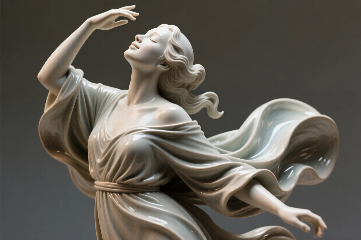 A woman in flowing robes lifting her face to the sun frozen mid-motion with fabric swirling around them, with a serene, knowing half-smile, evoking tenderness and quiet intimacy.