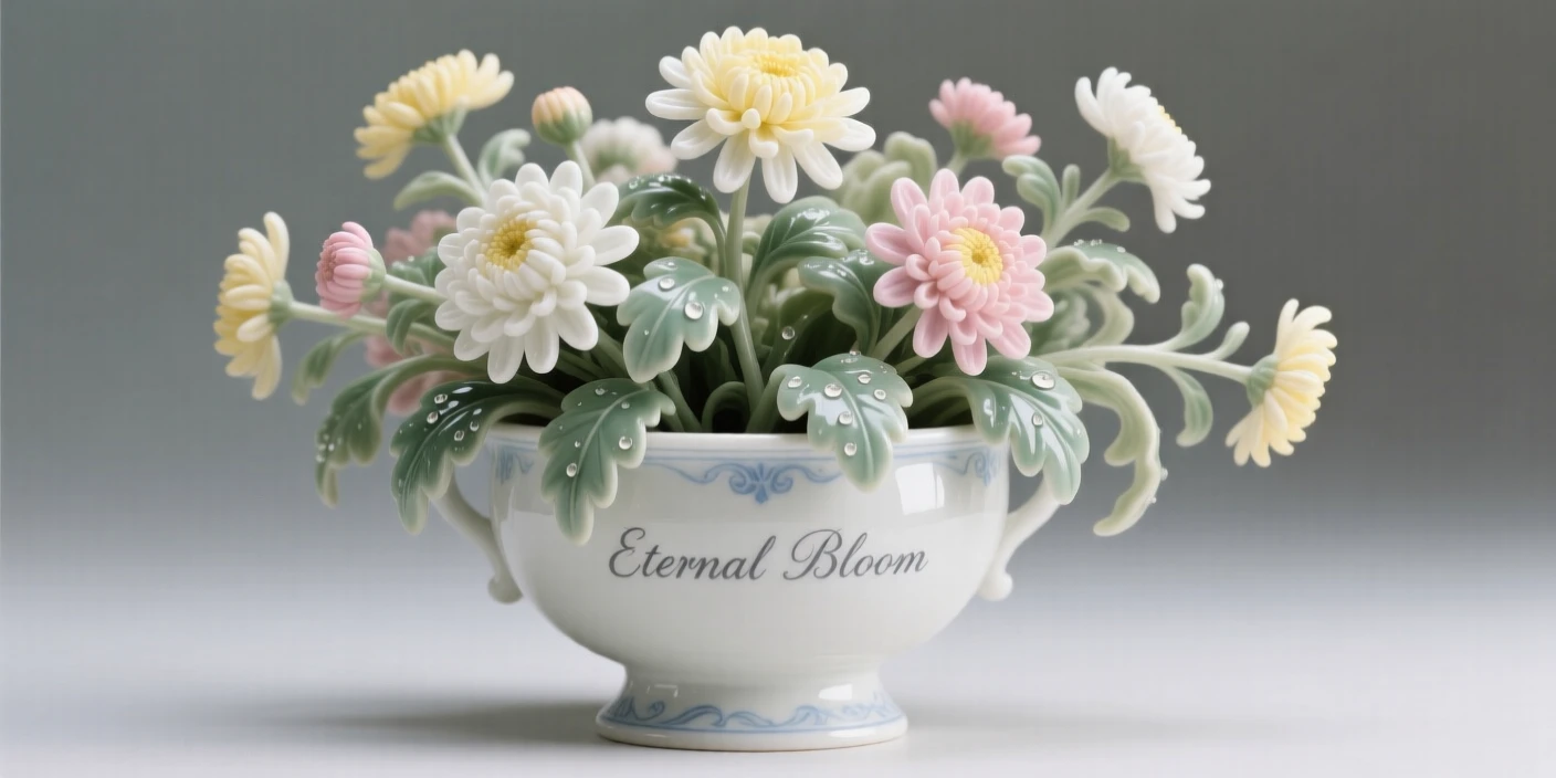 A lush arrangement of chrysanthemums in a garden urn, dew still clinging to the leaves.