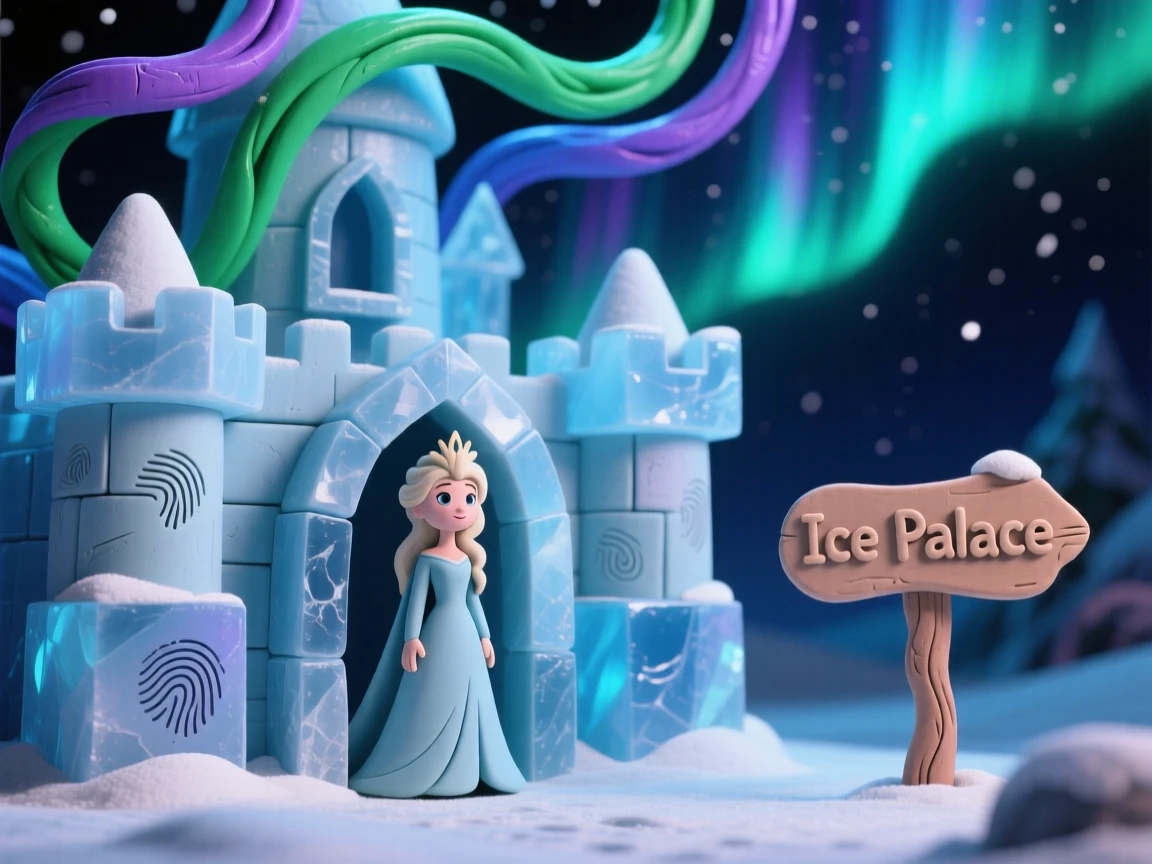 A snow queen's ice palace glittering beneath the northern lights