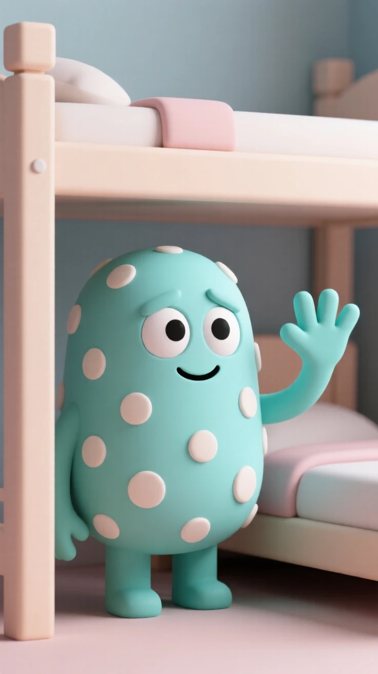 A shy monster with polka-dot skin peeks out from under a child's bed, offering a friendly wave.