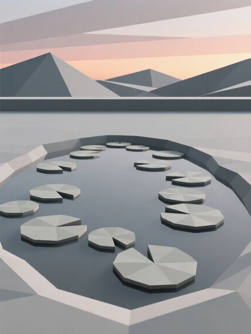 A quiet pond covered in lily pads, beneath a sky painted in sunset hues. the horizon line anchors a balanced composition. There is a quiet, meditative stillness.