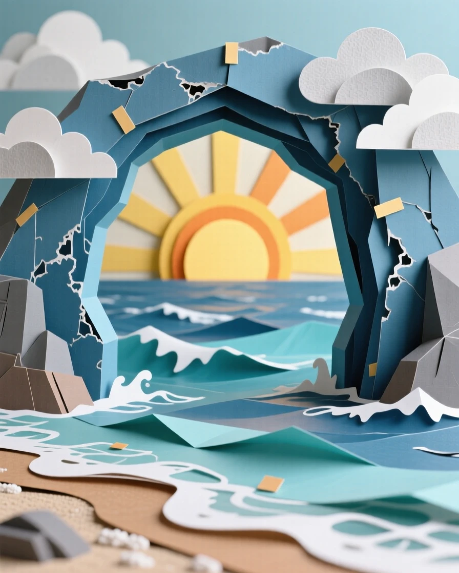 A dramatic sea arch carved by centuries of waves at golden sunrise, with warm sunbeams piercing through scattered clouds, evoking a sense of untouched wilderness.
