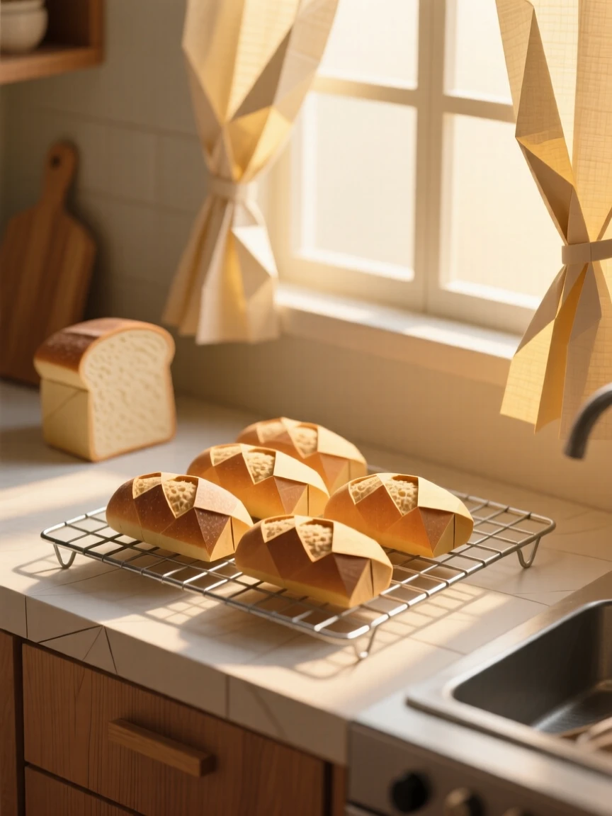 A warm kitchen scene with fresh bread cooling on a wire rack, morning light streaming through curtains.