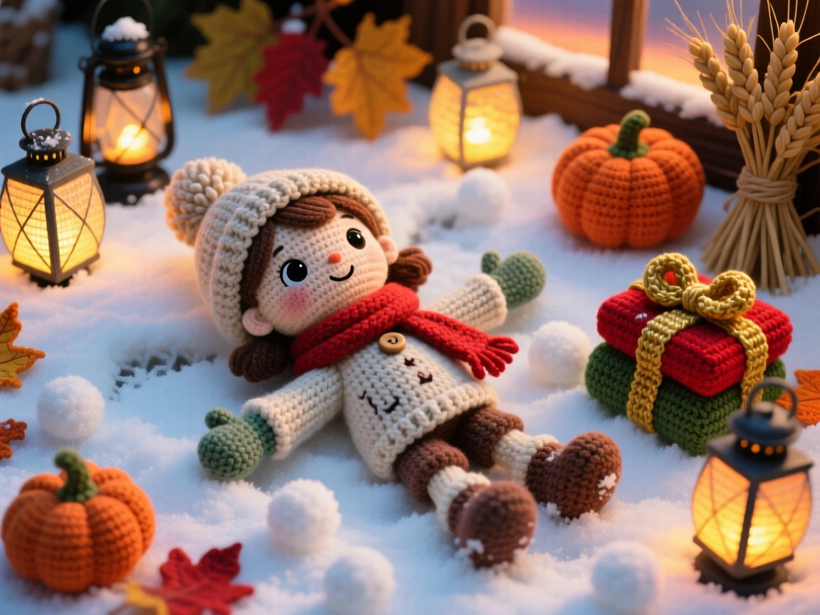 a small girl making a snow angel, with arms and legs spread wide, lying in freshly fallen snow, set in a lantern-lit harvest festival at dusk, with a small pile of wrapped presents, full of the joyful anticipation of a favorite season.