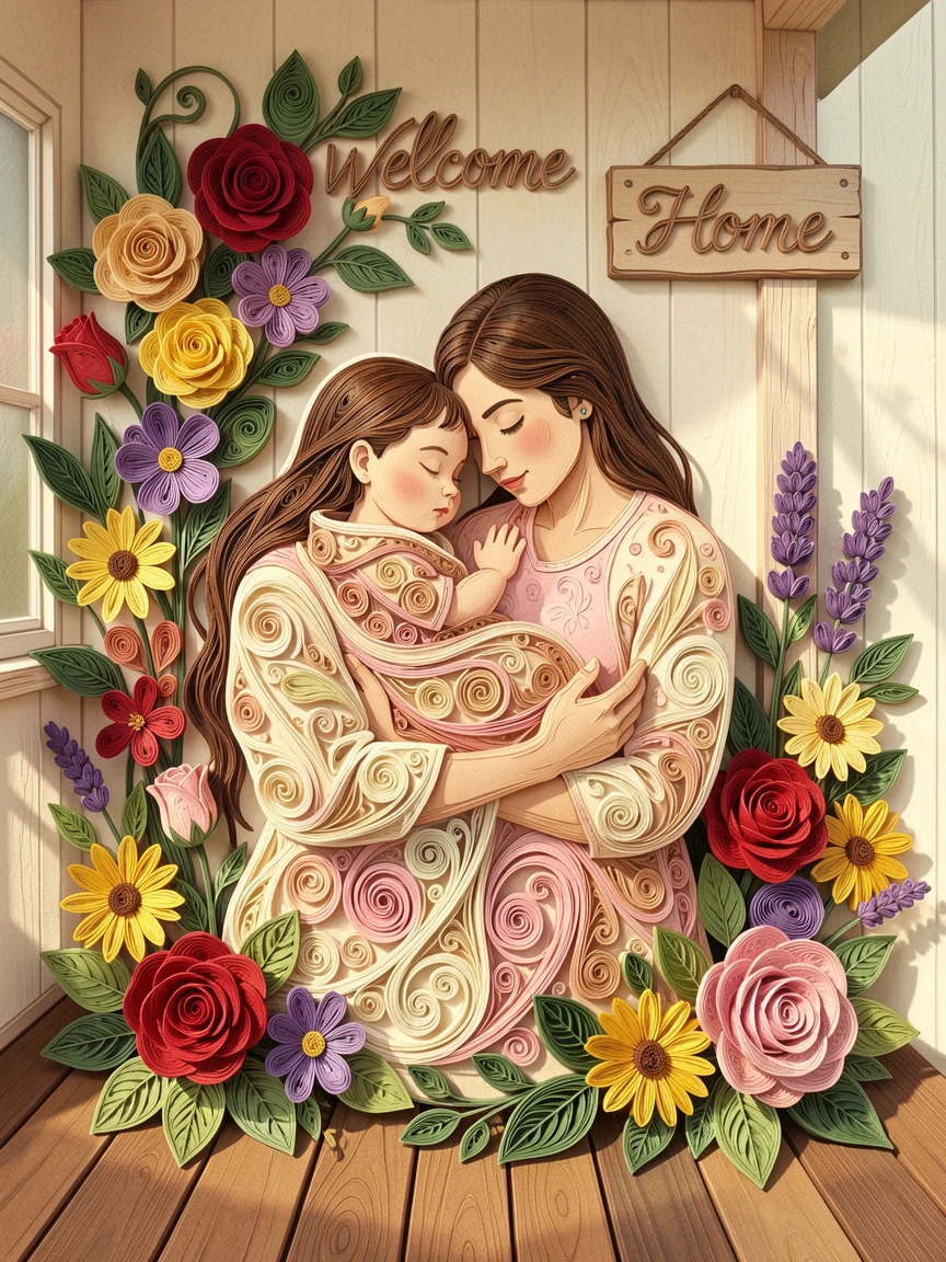 A heartwarming moment of a newborn baby sleeping peacefully in a parent's arms on a warm sunlit porch surrounded by blooming flowers, in a warm, nostalgic color palette, shown from a gentle, heartfelt eye-level perspective.