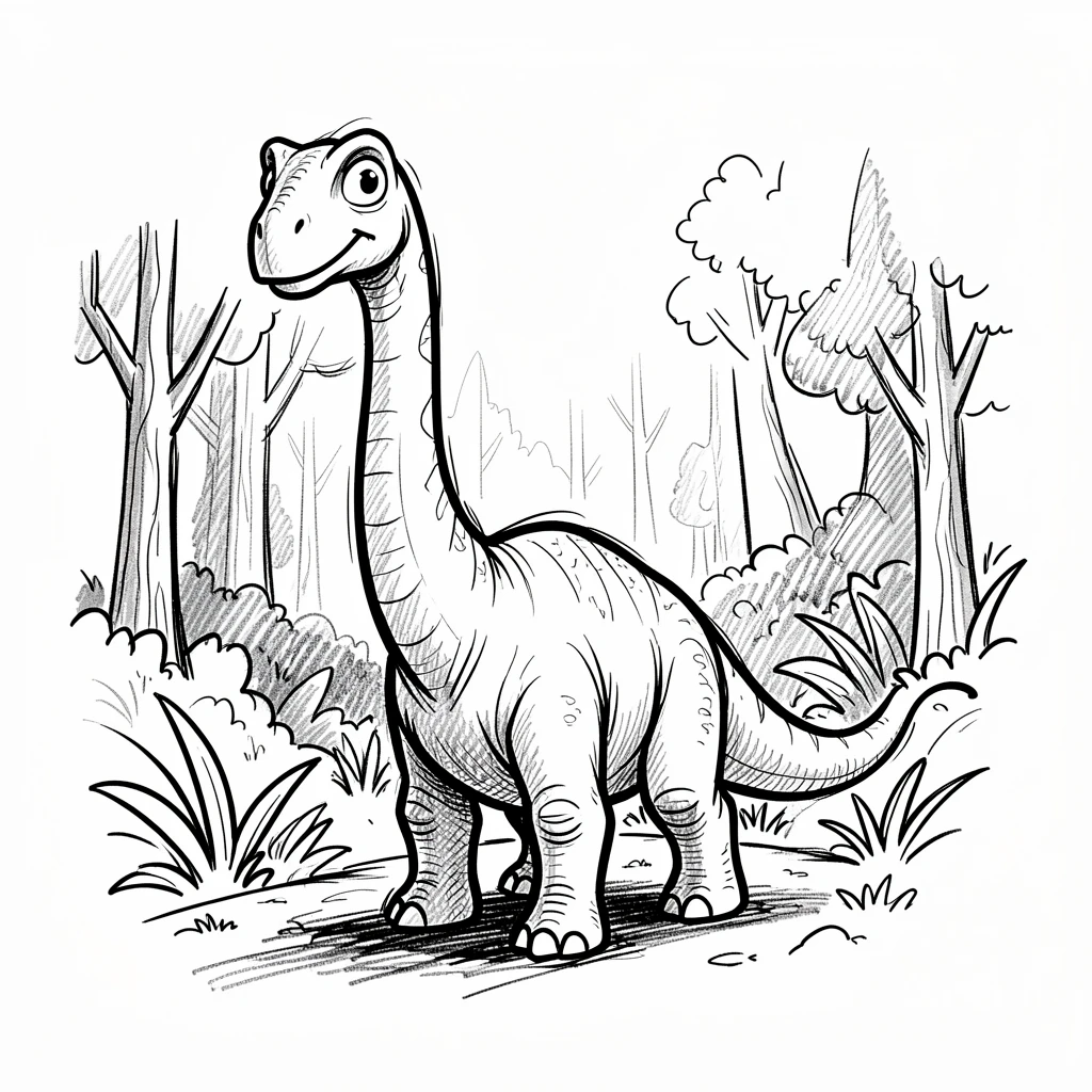 A gentle long-necked brontosaurus at the edge of a prehistoric forest.