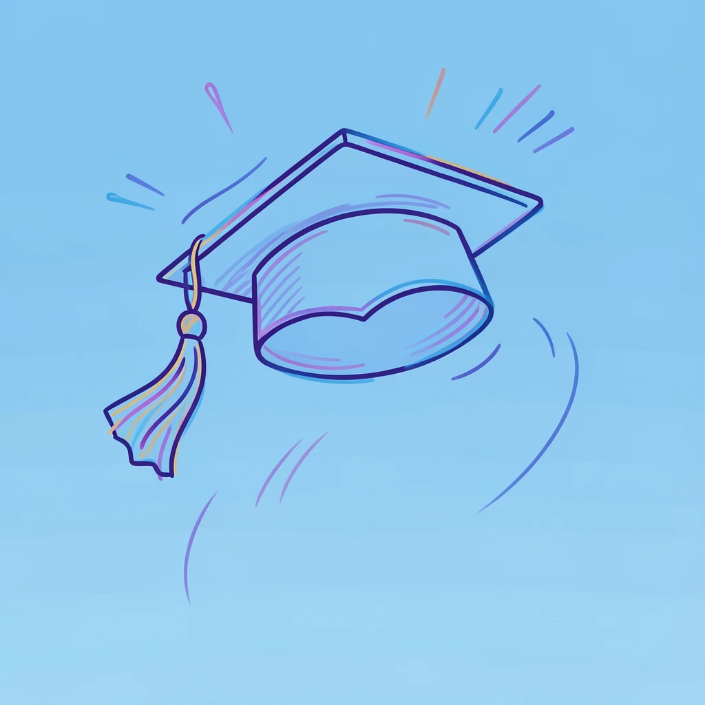 A graduation cap toss captured mid-air against a blue sky.