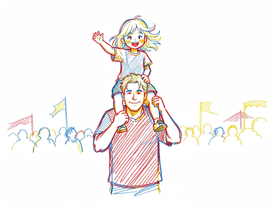 A young girl riding on her father's shoulders at a parade