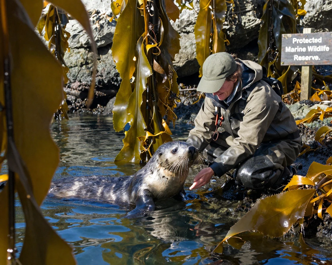 A marine biologist releases a rehabilitated sea otter back into a kelp forest.