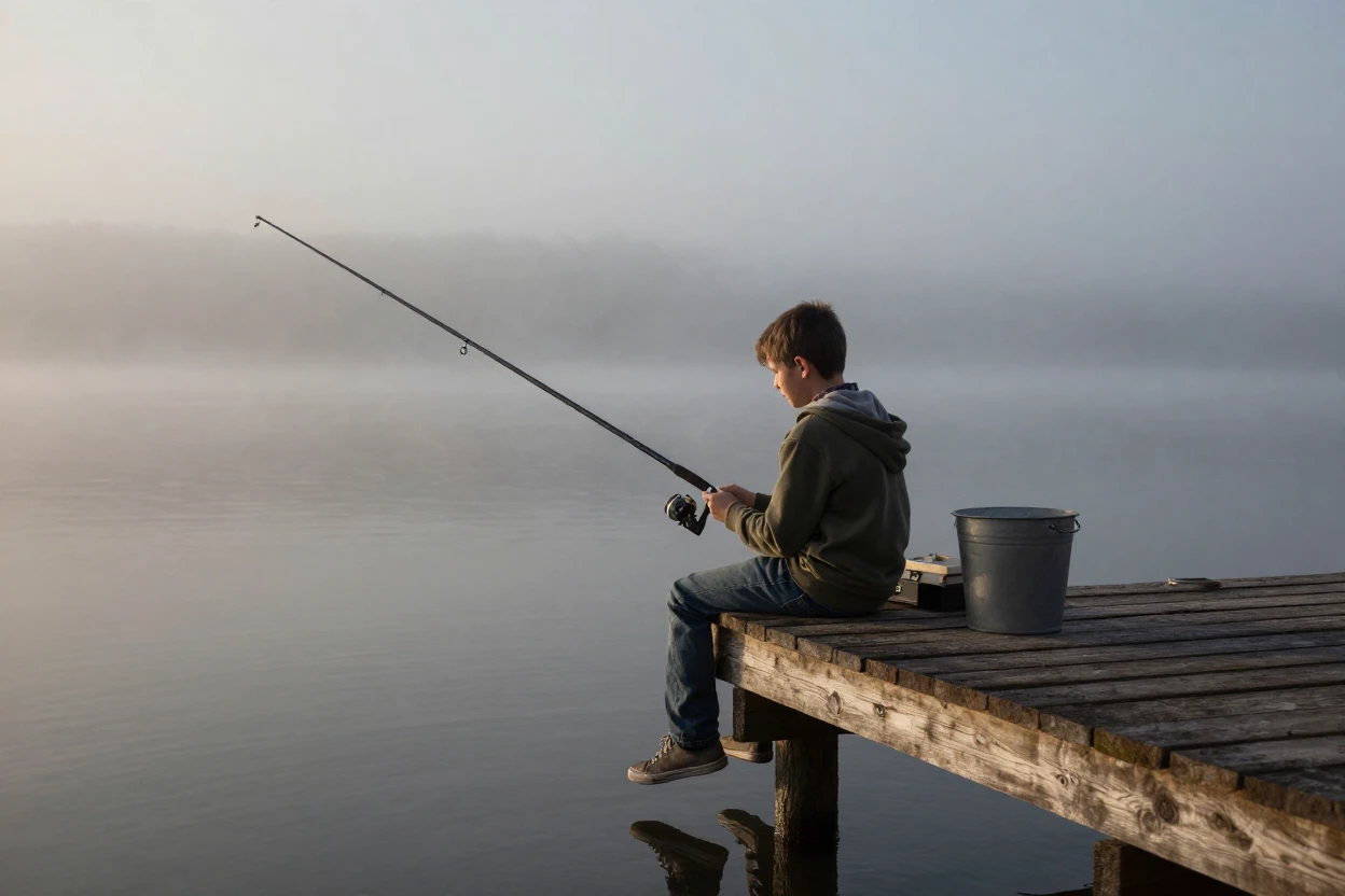 A young boy fishing alone from a wooden pier as fog rolls over a still lake