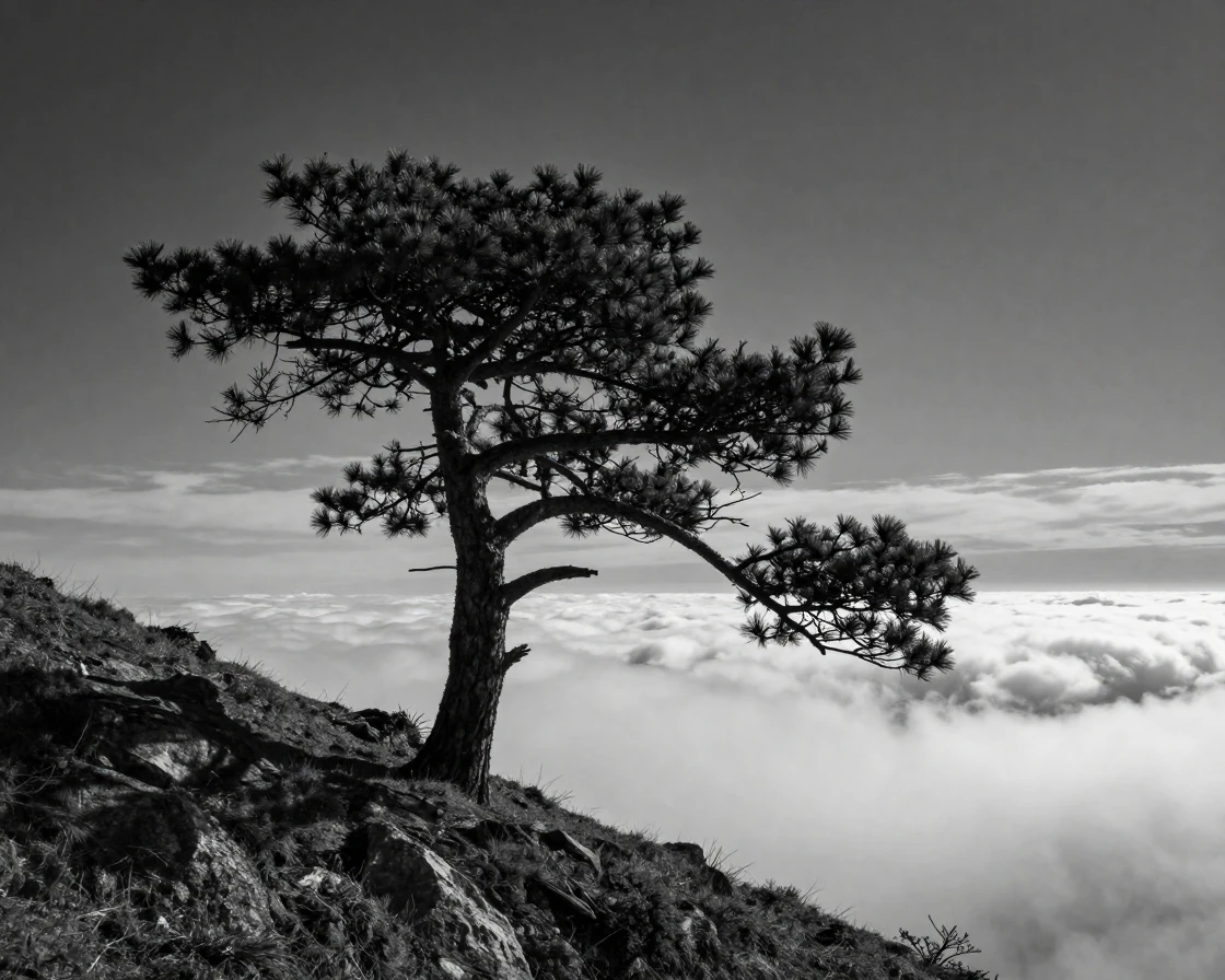 A lone pine tree stands atop a windswept ridge above a sea of clouds.