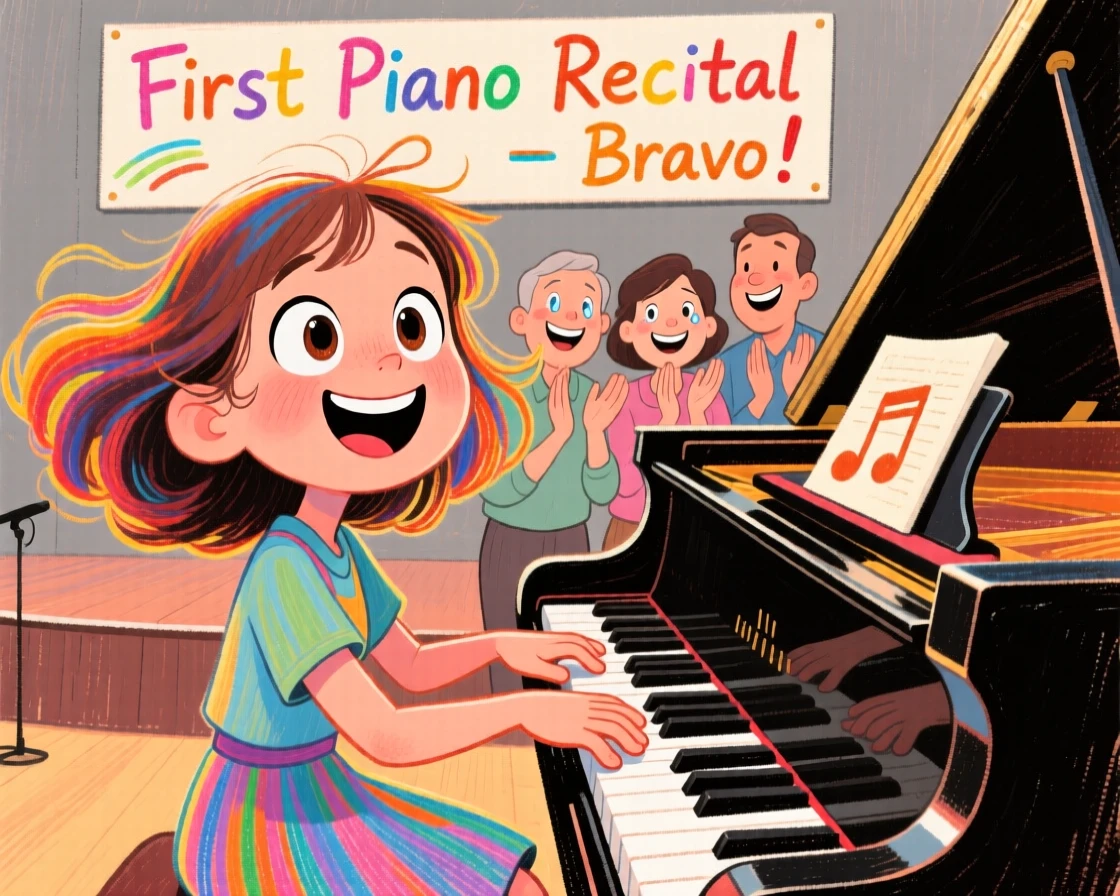 A young girl performing her first piano recital, parents beaming from the front row.
