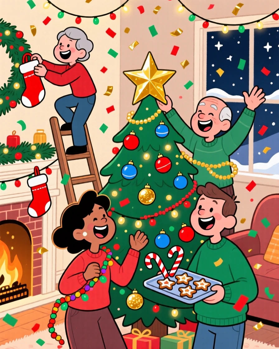 A heartwarming scene of a group of lifelong friends decorating the house together for the holidays, as confetti drifts down around them.