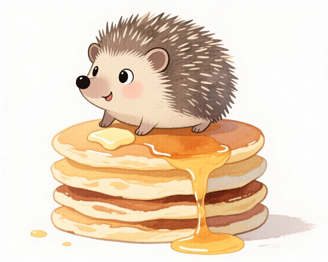 A hedgehog perched on a stack of pancakes
