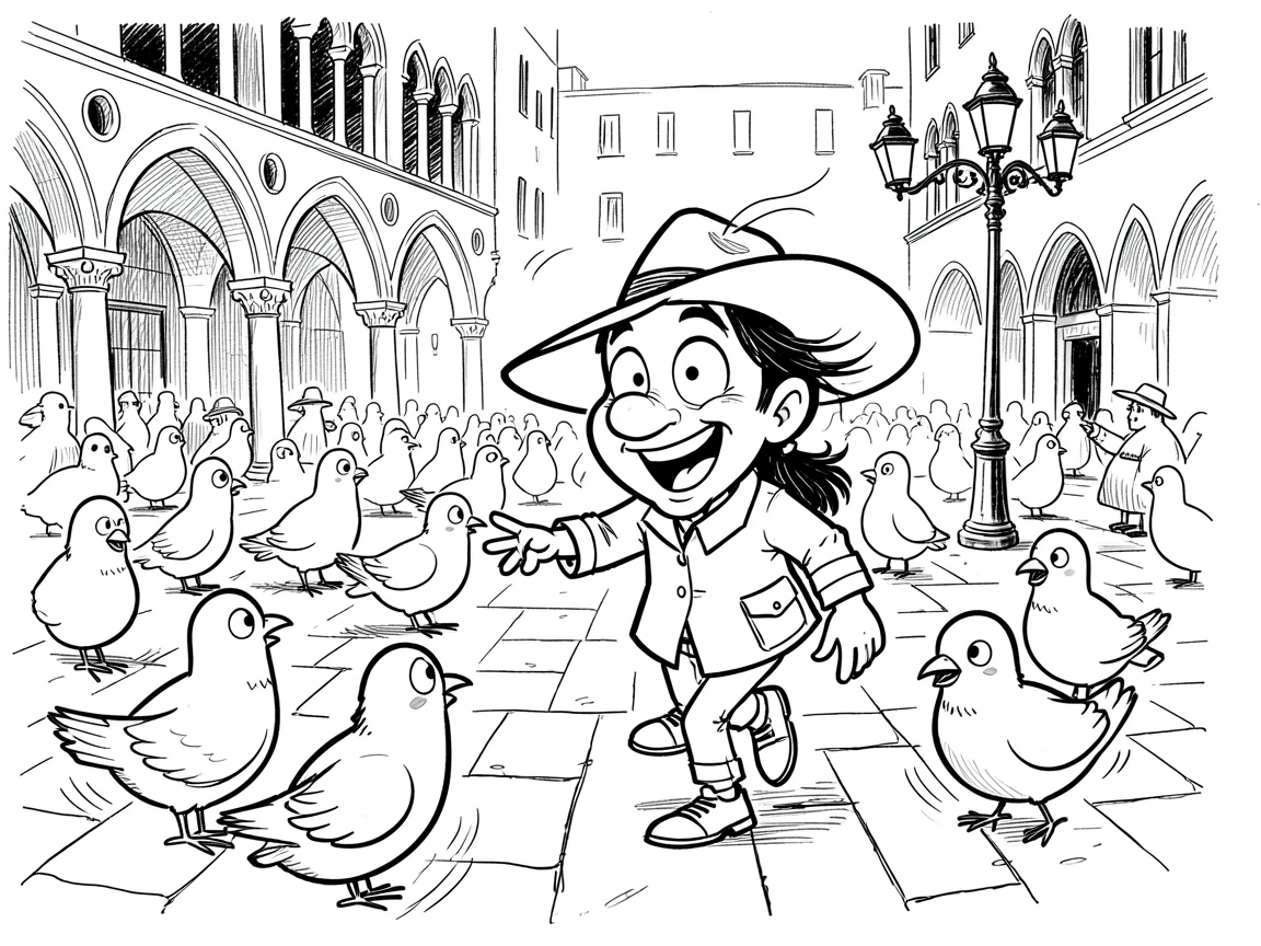 [Travel & Cultural Experiences] Vivid travel scene of a tourist feeding pigeons in a bustling Venetian piazza, full of wonder and adventure
