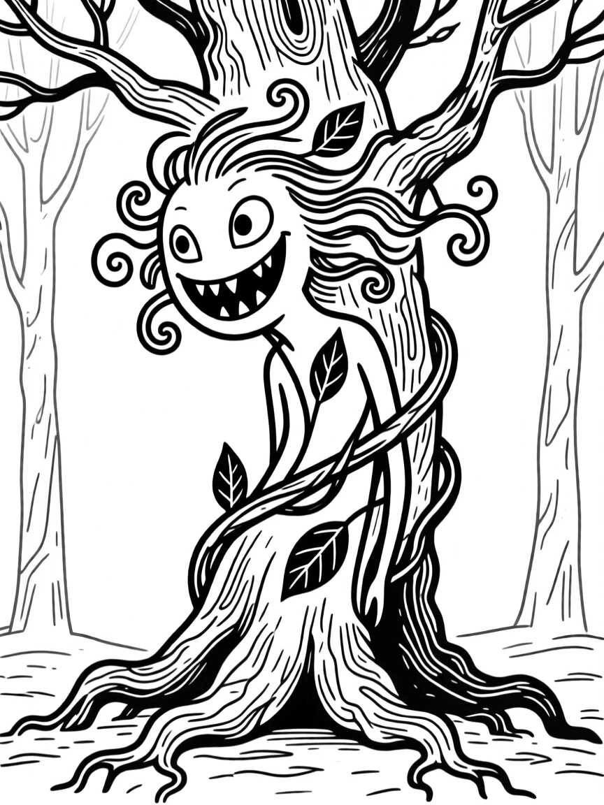 A mystical forest spirit made of leaves and vines emerging from an ancient tree.