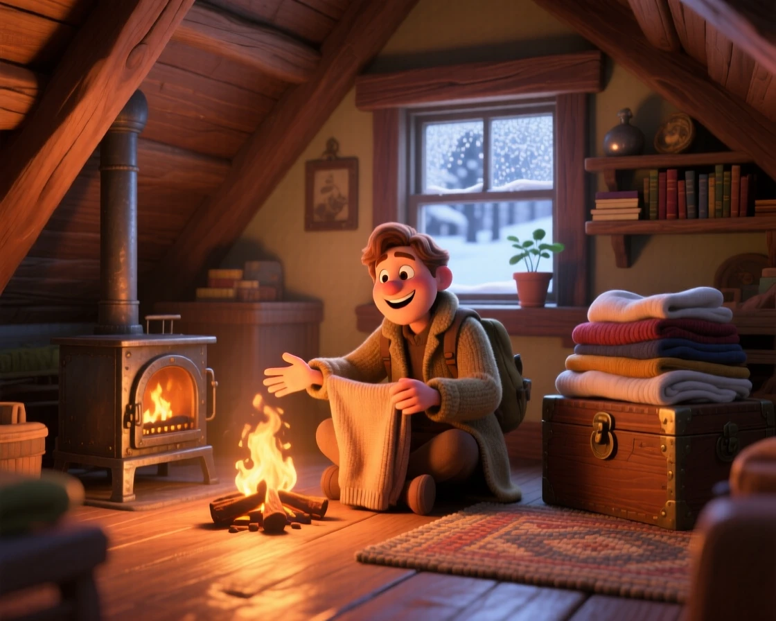 A traveler warming their hands by a fire sits in an attic room with slanted wooden beams, folding warm laundry fresh from the dryer. A deep sense of comfort and quiet contentment fills the room, with soft golden light spilling across the floor.