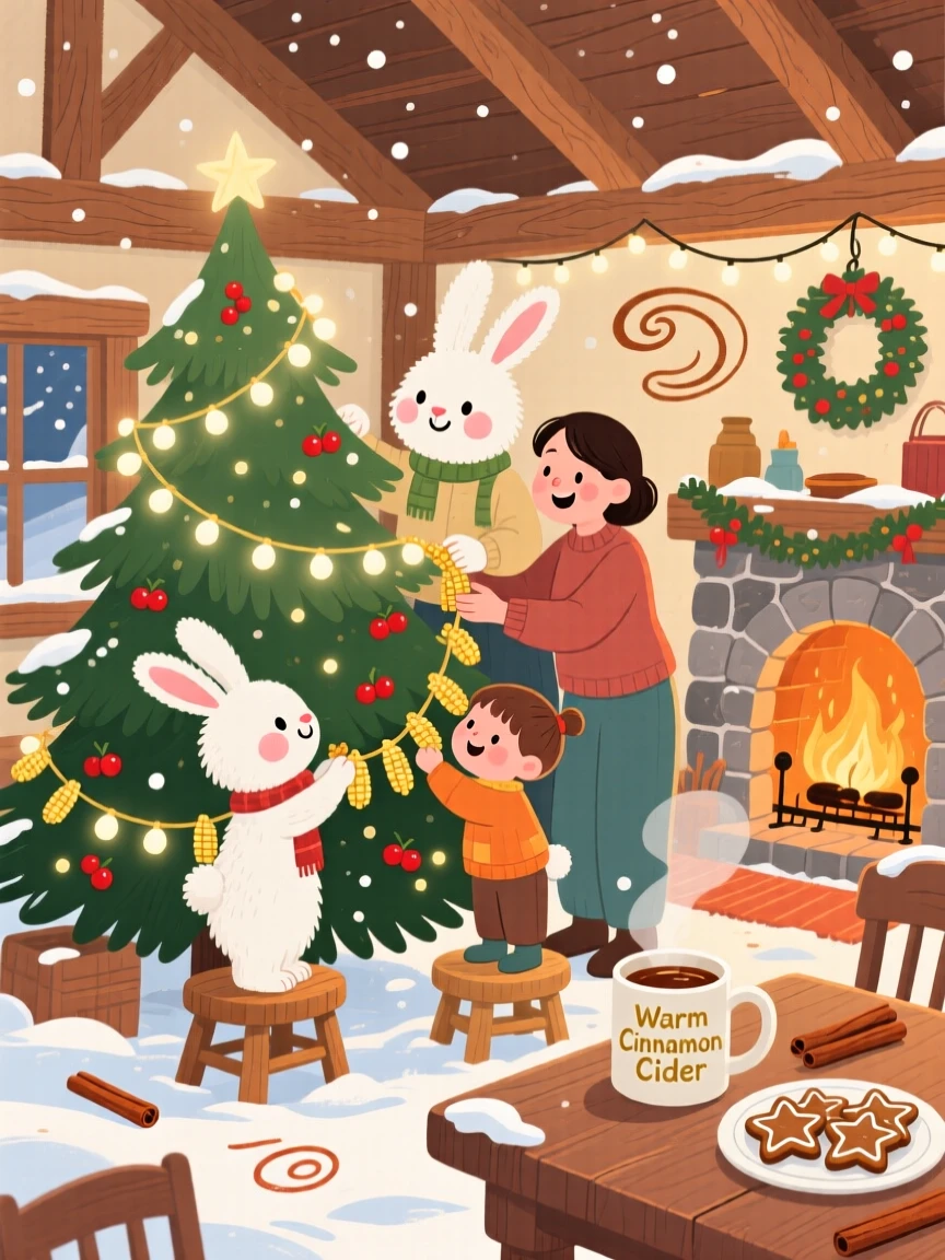 In a family farmhouse, a family of snow rabbits celebrate together by stringing popcorn garlands for the holiday tree, as the scent of cinnamon fills the air.