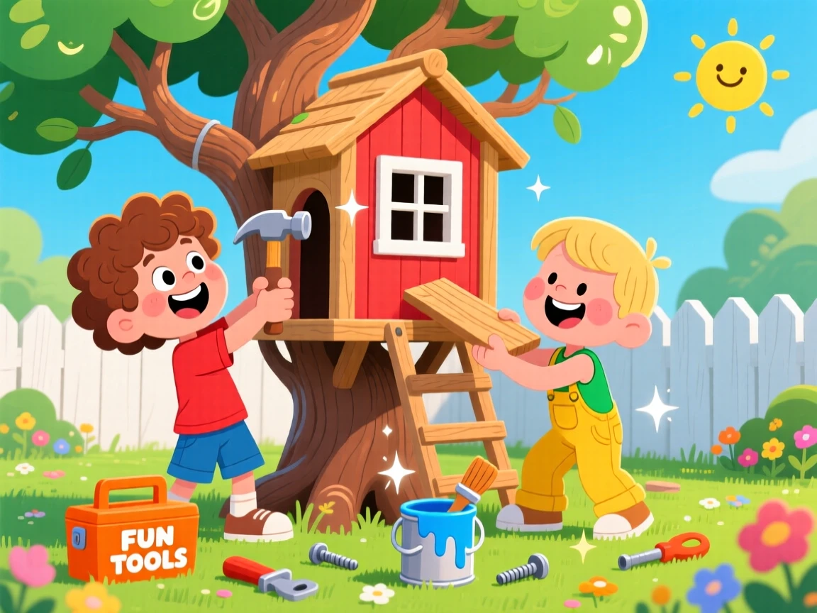 Childhood friends building a treehouse together in a backyard.