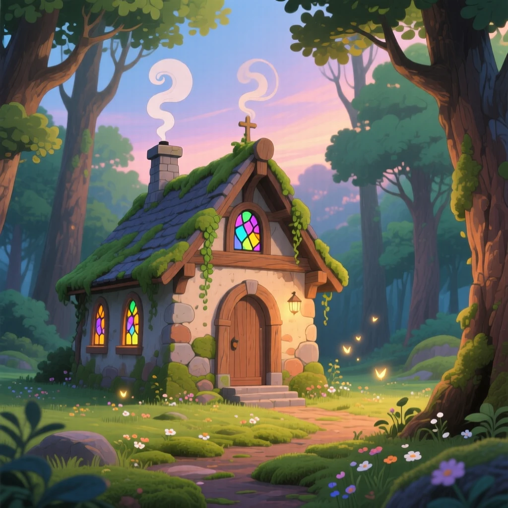 A charming view of a chapel with stained glass windows glowing from within, with smoke curling gently from its chimney.