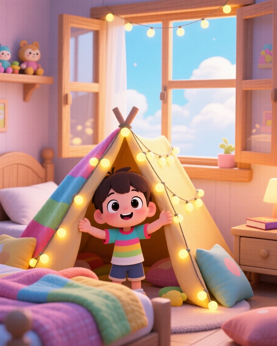 A small boy building a blanket fort with fairy lights, framed as a framed through a window within a cozy bedroom, under a clear summer sky, glowing under diffused overcast light, evoking eager anticipation.