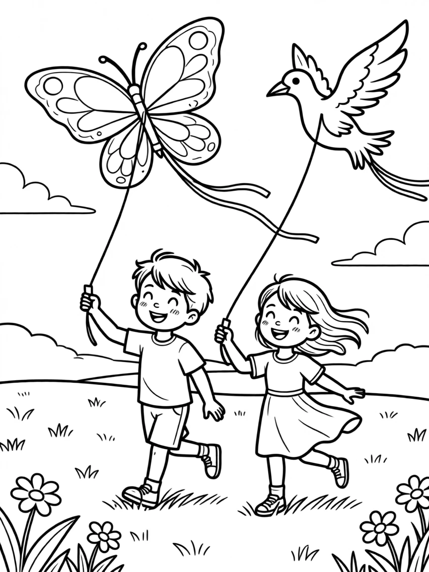 Children flying kites shaped like animals in a windy field