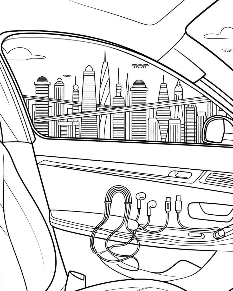 A futuristic city skyline viewed through a car window, with cables neatly arranged along the desk.