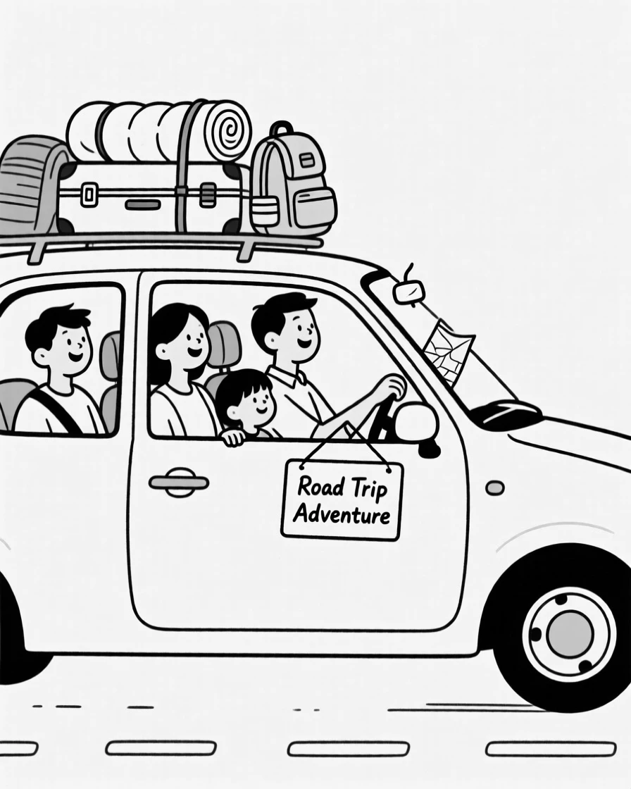 A family taking a road trip with the car packed for adventure