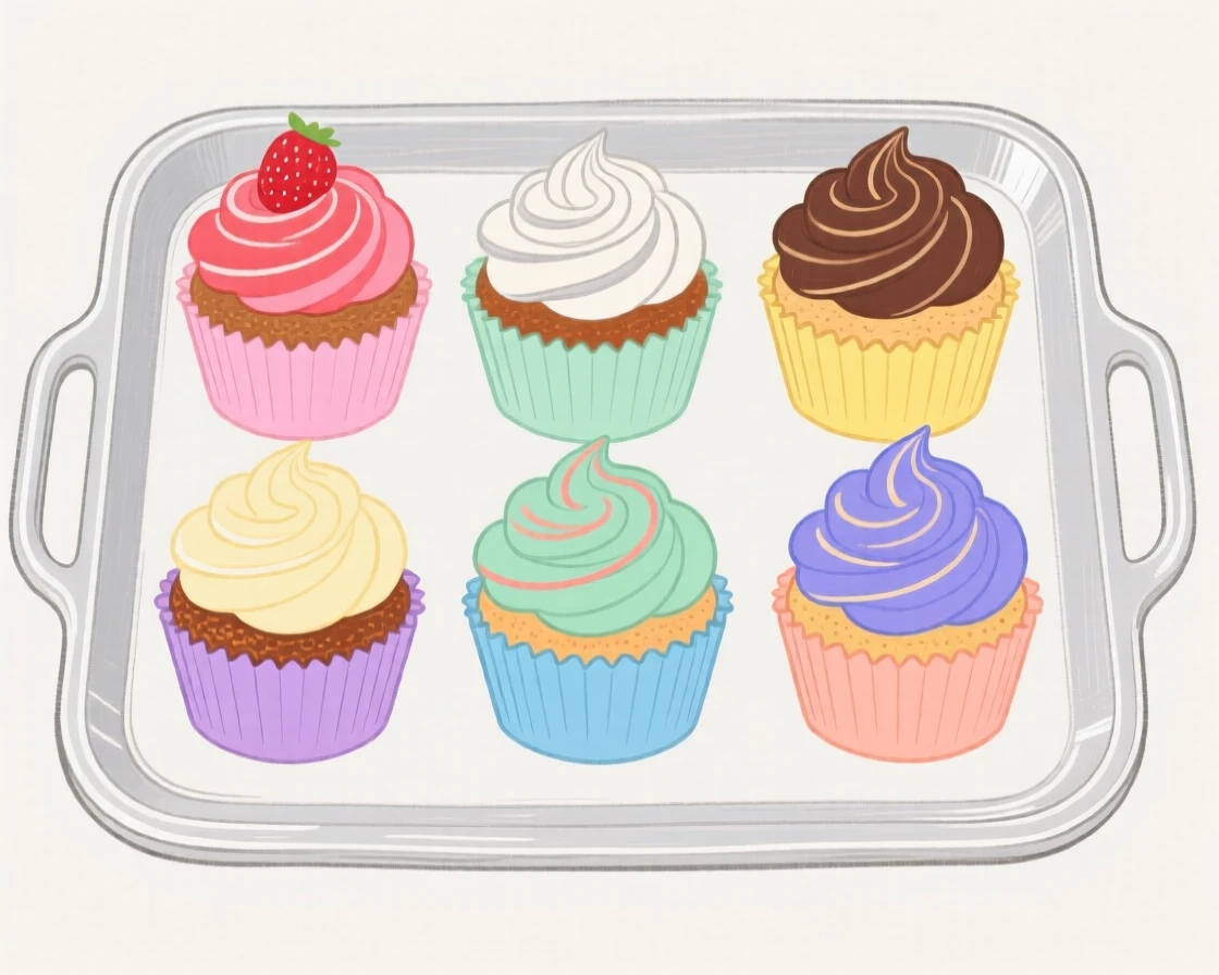 A tray of colorful cupcakes with swirled frosting.