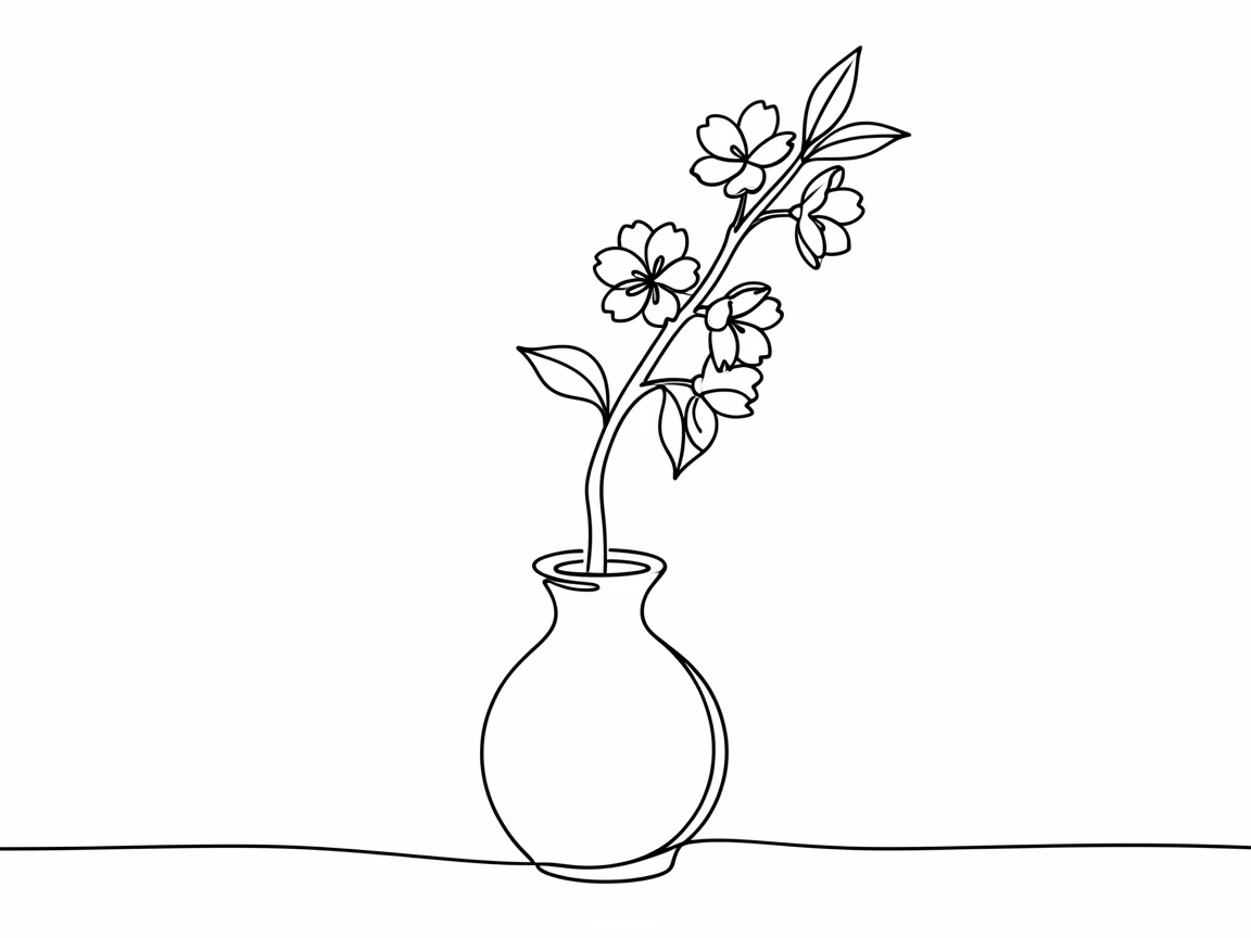 A single sprig of cherry blossom resting in a small ceramic vase