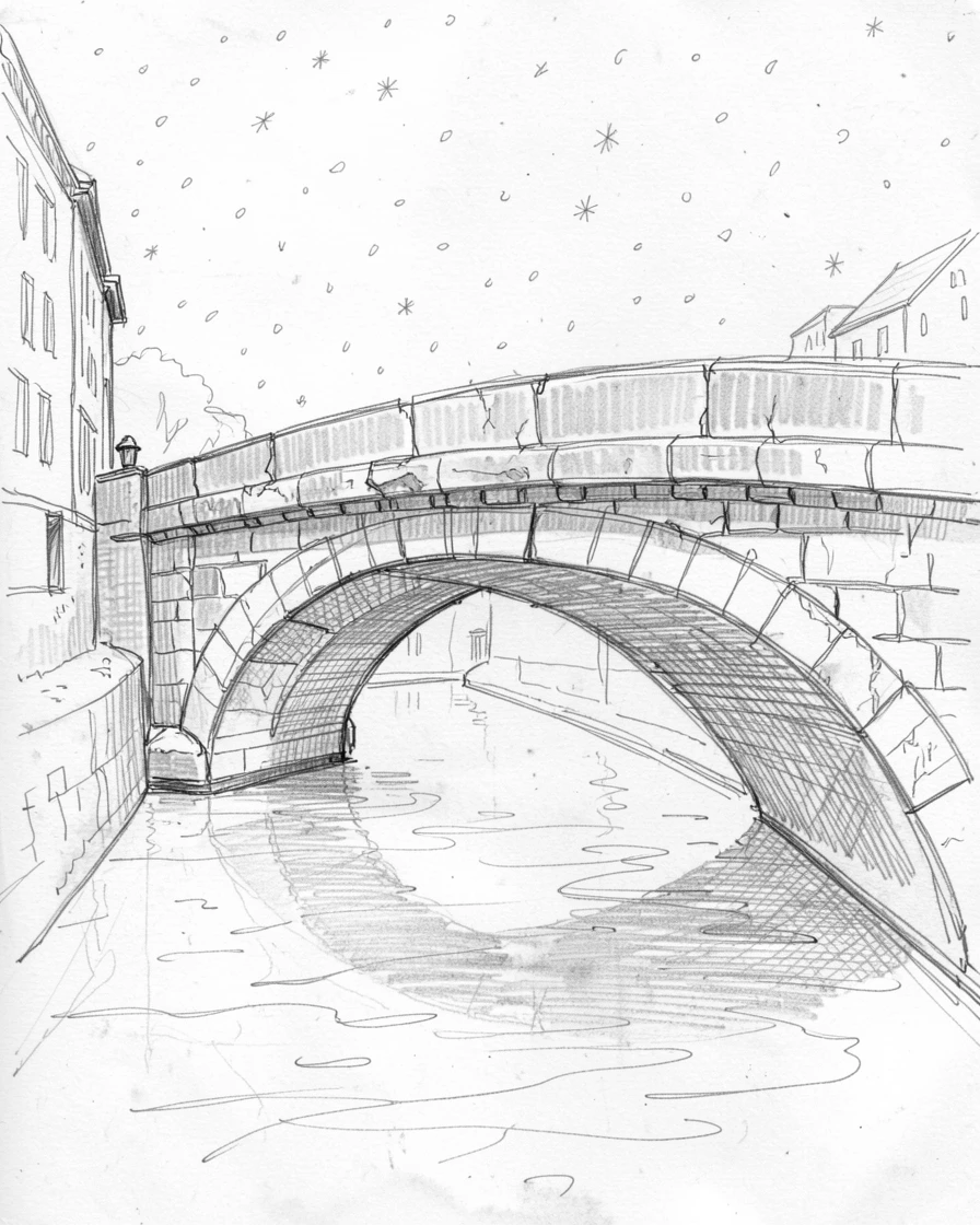 Sweeping architectural view of a stone bridge over a quiet canal, in gentle falling snow, with centuries-old stonework weathered by time.