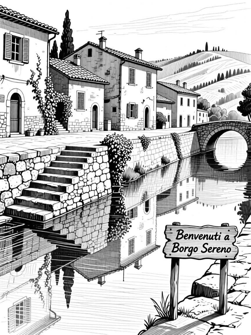A tuscan hillside village reflected in a still canal, featuring worn stone steps polished by centuries of footsteps, rendered in a peacefully picturesque architectural composition.