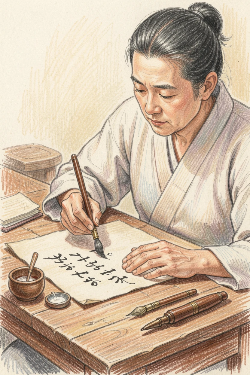A calligrapher practicing elegant script at a wooden desk, with a calm, focused atmosphere throughout, celebrating the quiet joy of craftsmanship and passion.