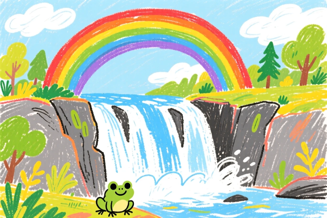 A double rainbow arching over a roaring waterfall.