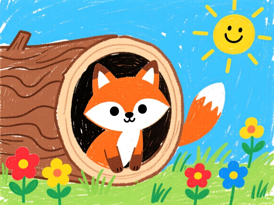 A curious fox kit peeking out from a hollow log.
