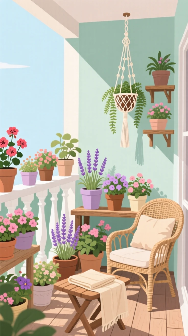 A quiet balcony garden filled with blooming pots, arranged in a cozy corner filled with soft textures, composed with soft natural light falling diagonally across the scene, with gentle pastel tones evoking calm and comfort.