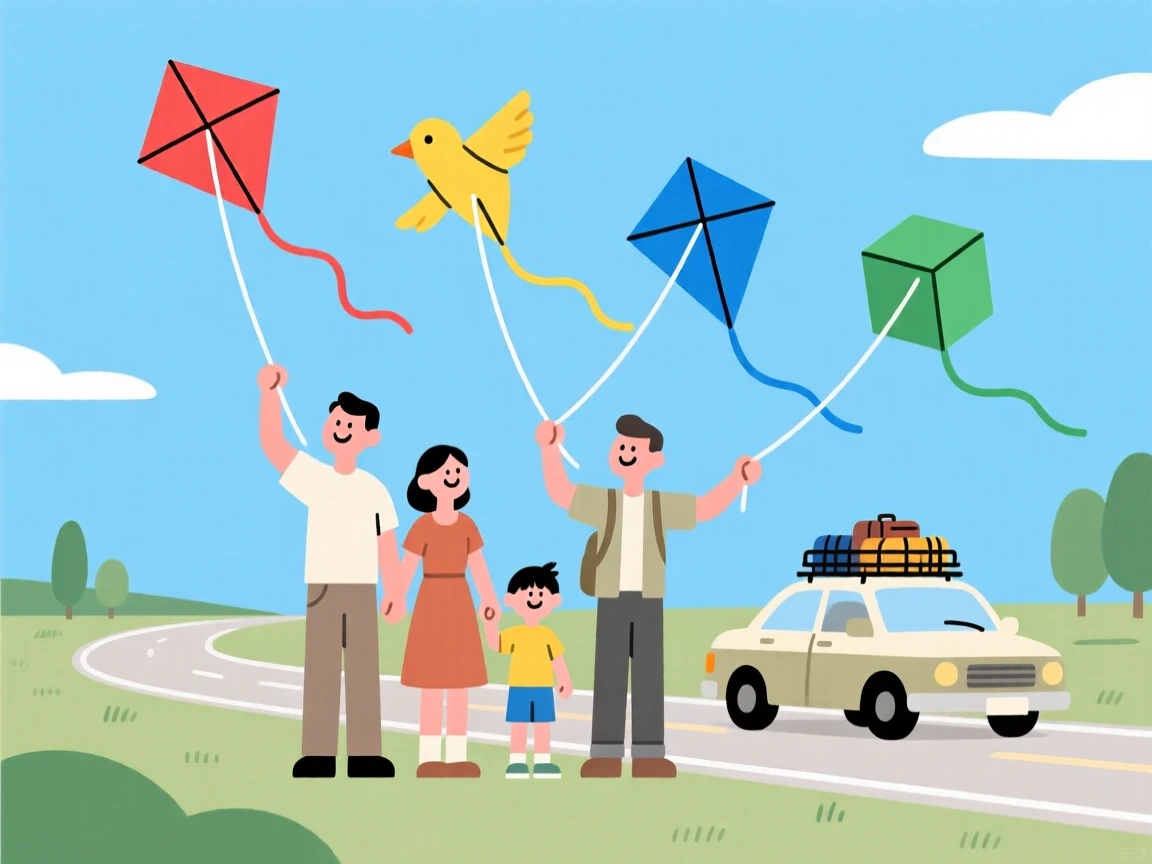 A family flying kites together during a road trip.