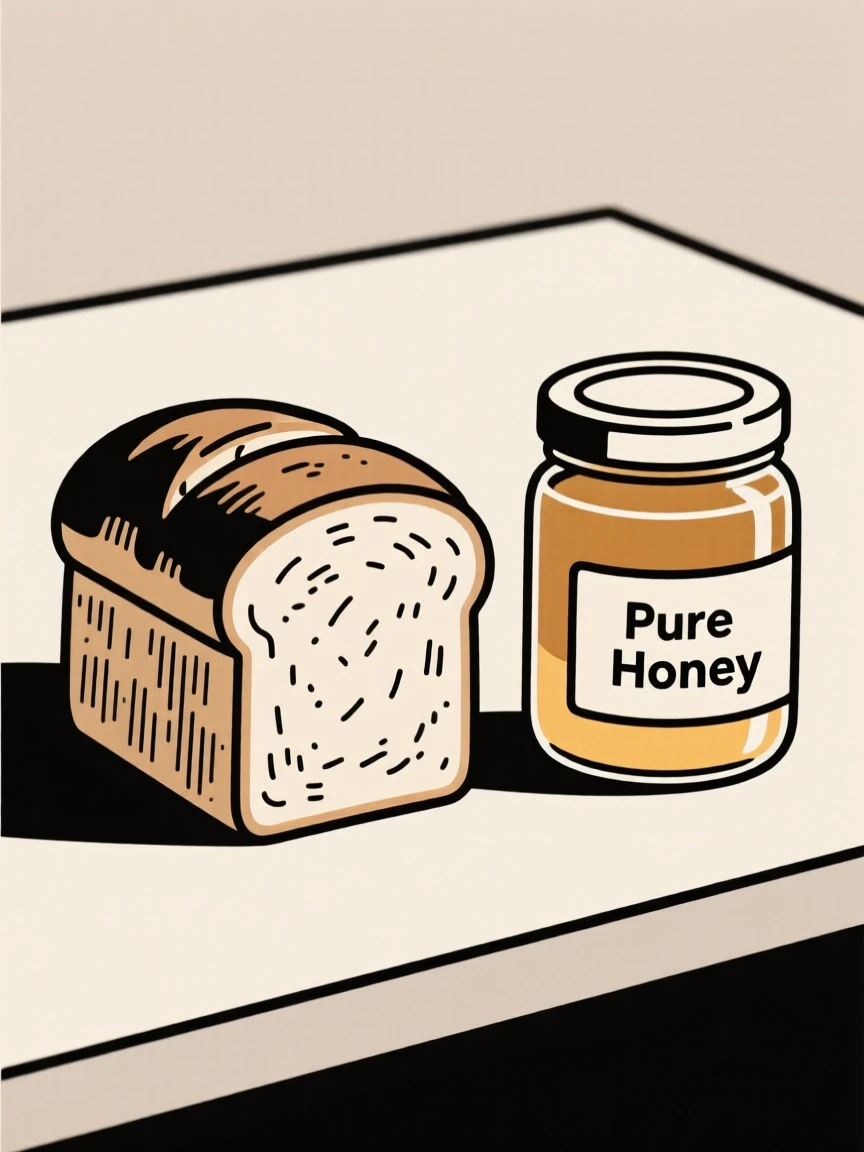 A homemade loaf of crusty bread cooling near a glass jar of honey on a cozy breakfast nook, expressing warm comfort.
