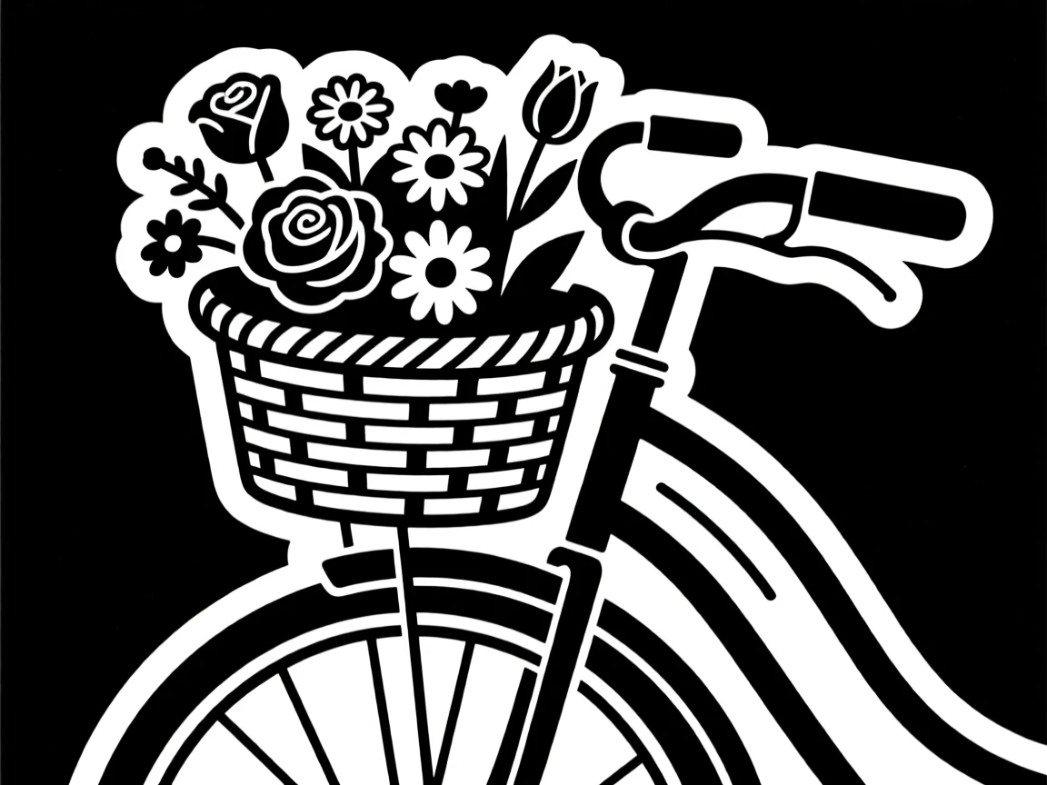 A vintage bicycle basket filled with flowers.