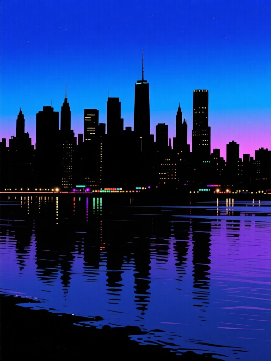 A dense city skyline glittering with lights along a wide river at night.
